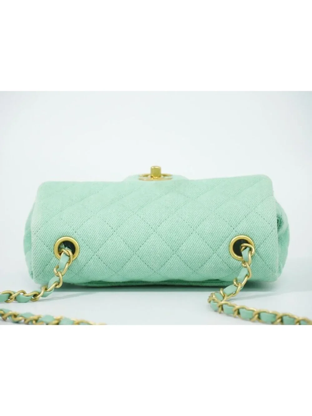 Chanel CC Logo Quilted Chain Shoulder Bag Denim Light Green Vintage
